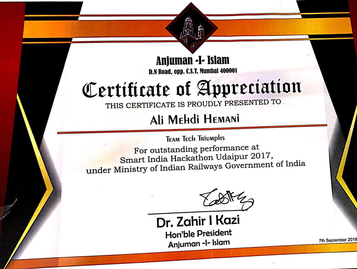 Certificate of Appreciation, Anjuman-I-Islam, signed by its President, 2018