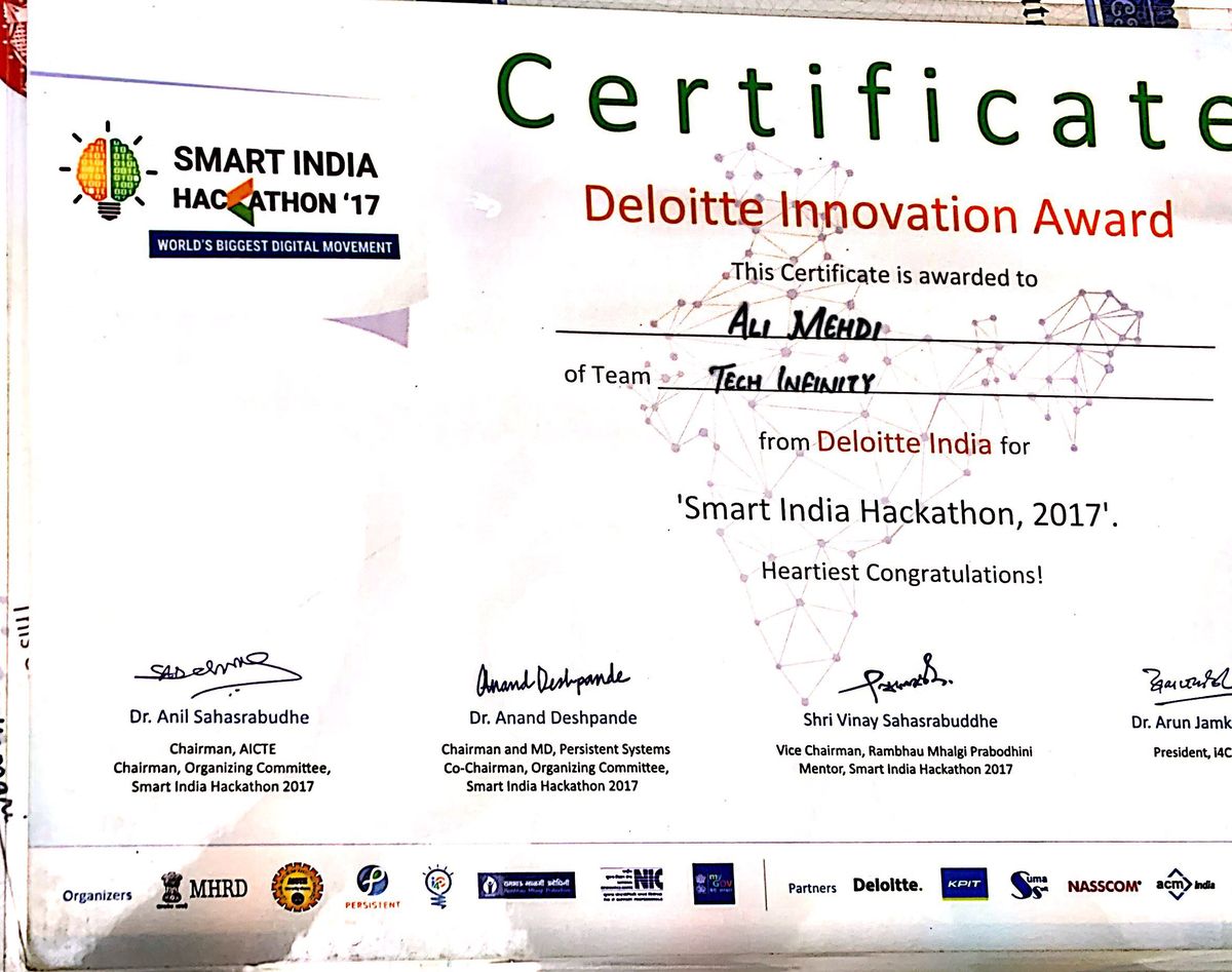 Deloitte Innovation Award, Deloitte India · Smart India Hackathon, 2017