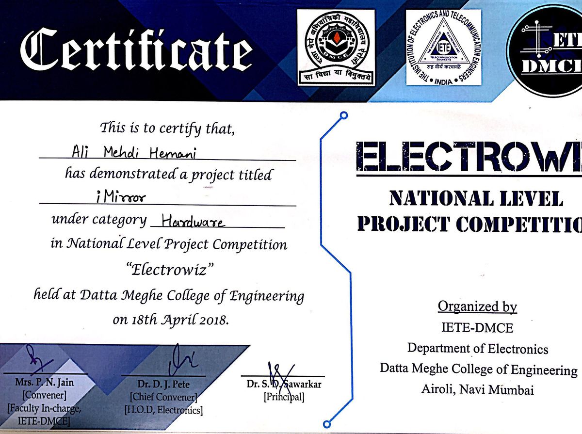 National Level Project Competition (iMirror), Electrowiz · IETE, Datta Meghe College of Engineering, 2018