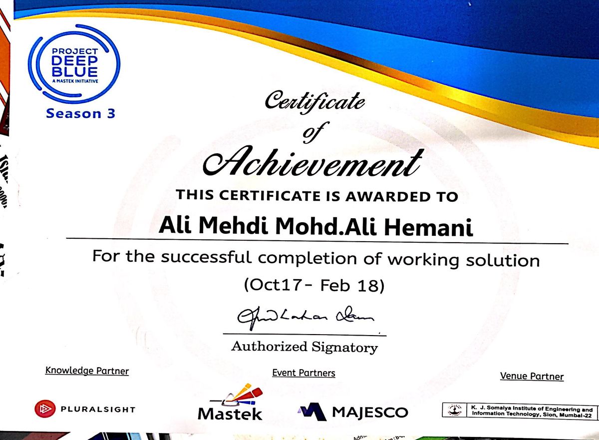 Certificate of Achievement, Project Deep Blue, Mastek & Majesco, 2018