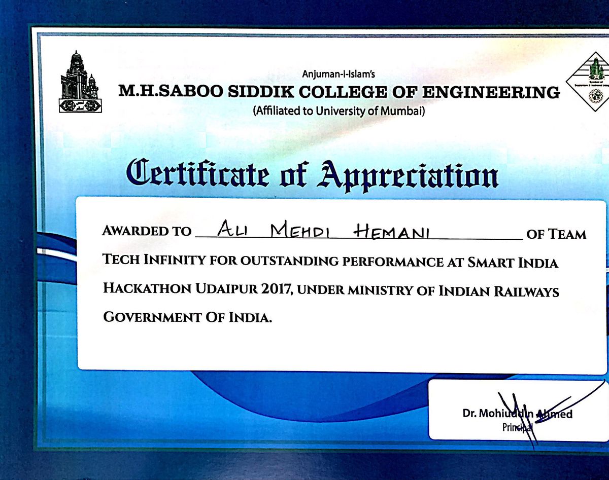 Certificate of Appreciation, M.H. Saboo Siddik College of Engineering, 2017