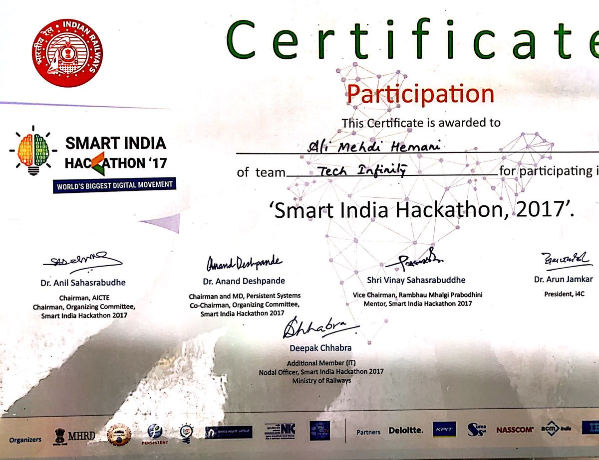 Smart India Hackathon, team Tech Infinity, MHRD, AICTE & Ministry of Railways, 2017