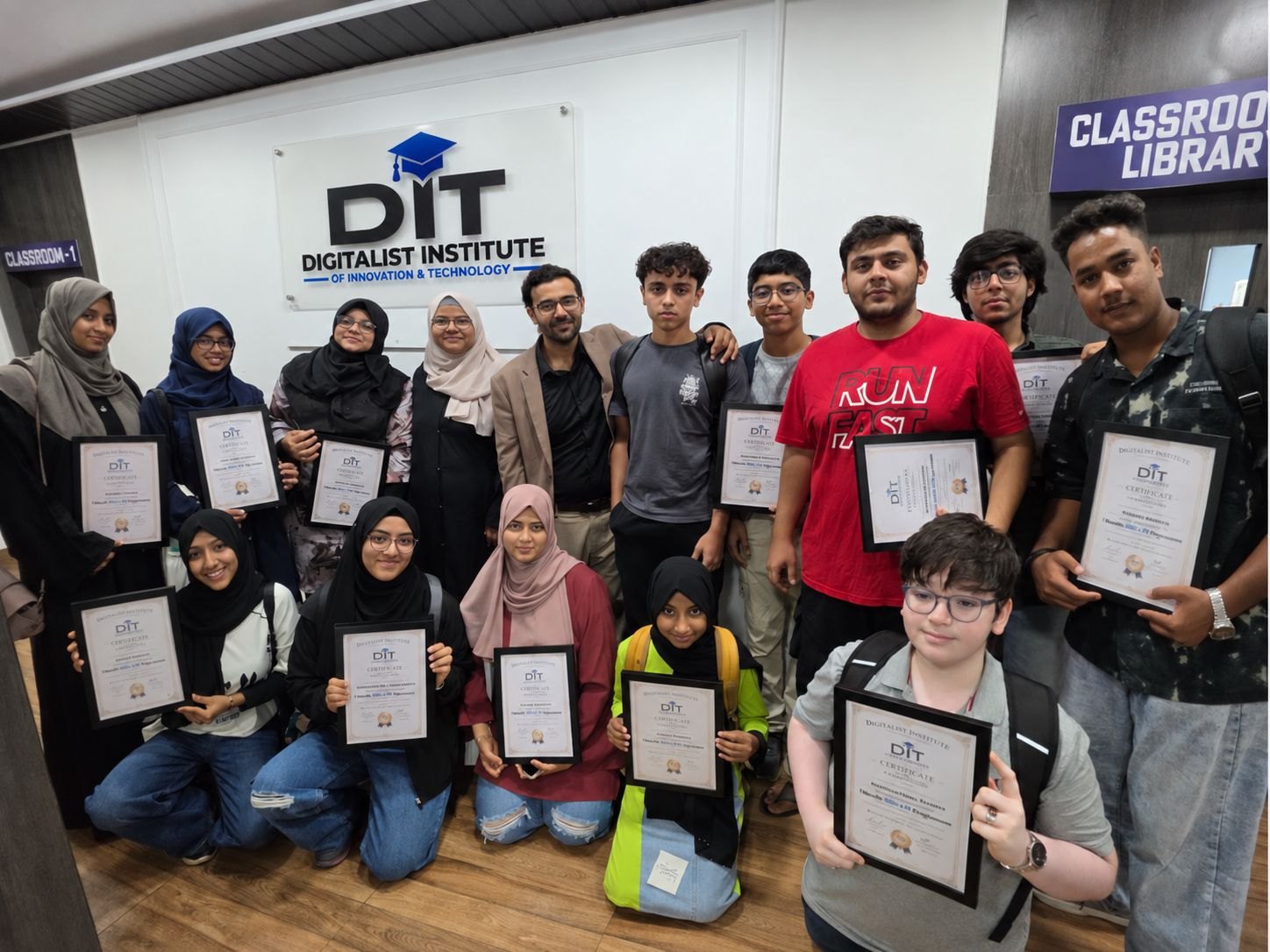 GenZ-AI learners holding their DIT certificates with Ali